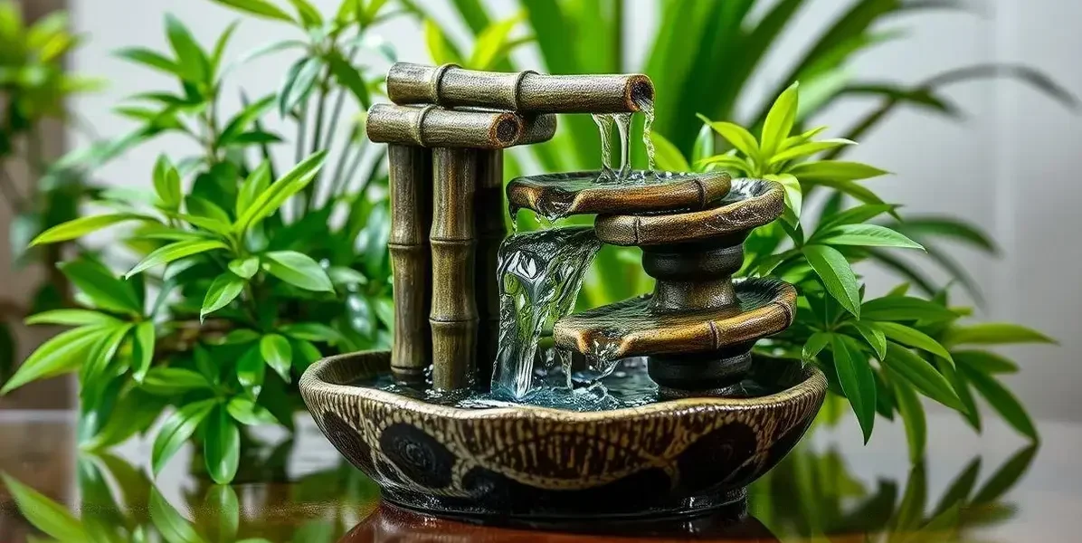 Fonte agua decorativa de mesa cascata chafariz bambu resina