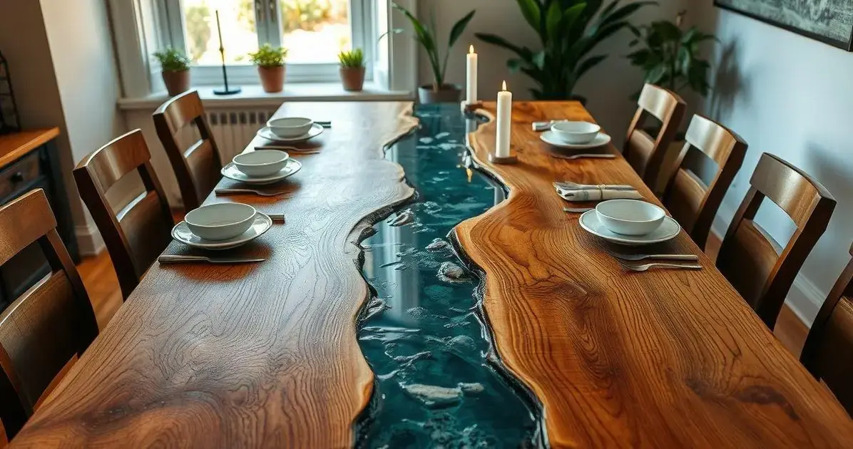 Mesa de jantar de madeira e resina Mesa de jantar de madeira e resina