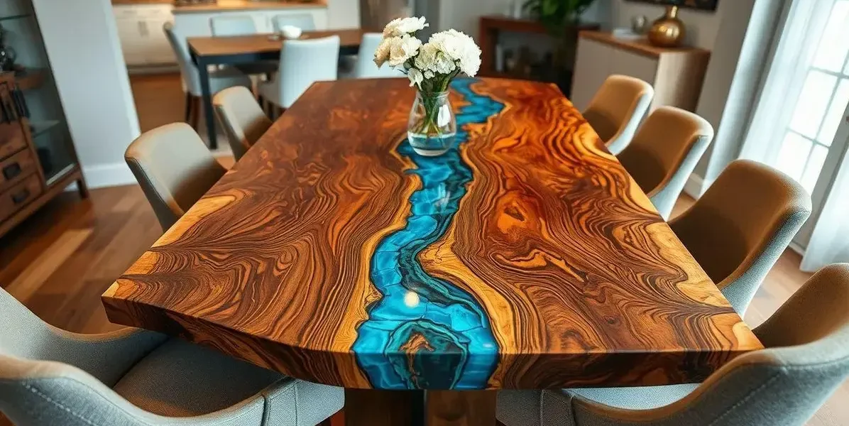Mesa de jantar de madeira e resina