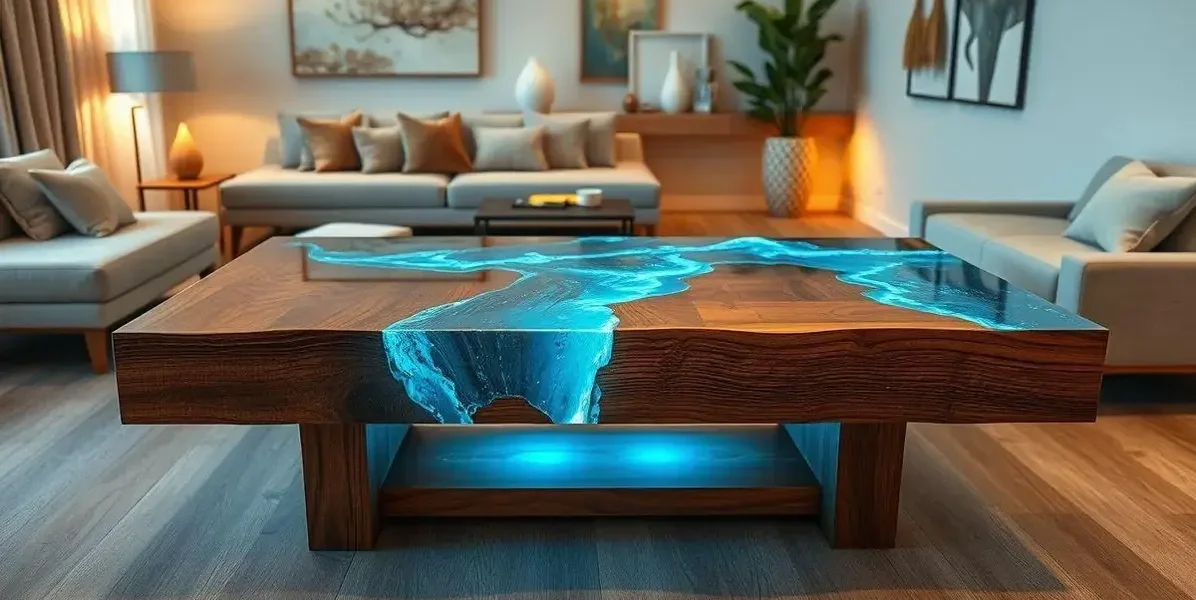 Mesa de madeira com resina com led