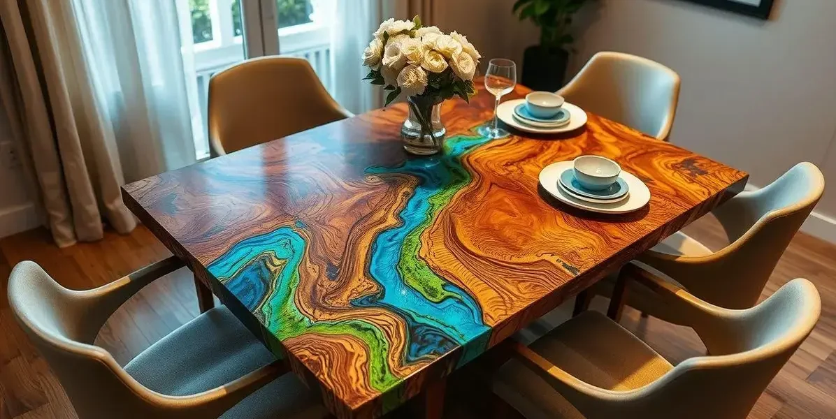 Mesa de madeira maciça e resina