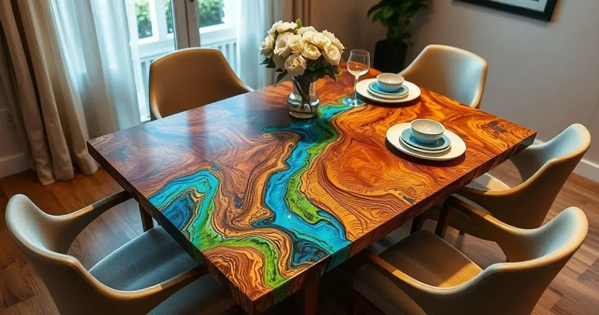 Mesa de madeira maciça e resina