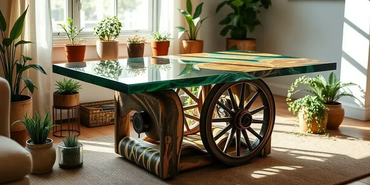 Mesa resinada com roda de carroça