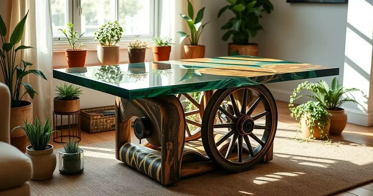 Mesa resinada com roda de carroça