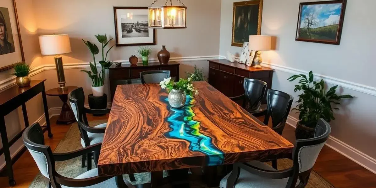 Ambientes com mesa de madeira com resina