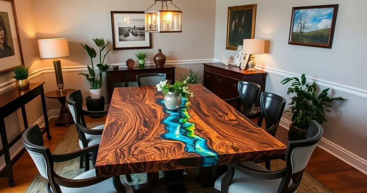 Ambientes com mesa de madeira com resina