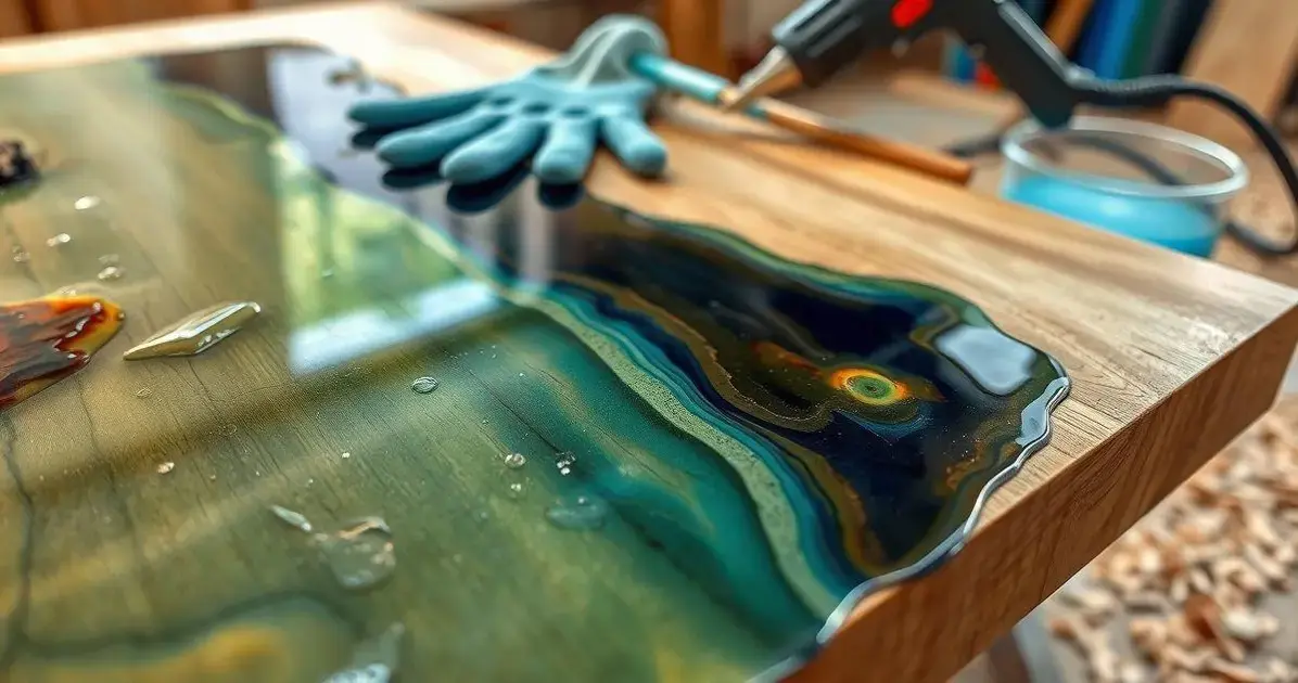 Aplique de resina em mesa de madeira