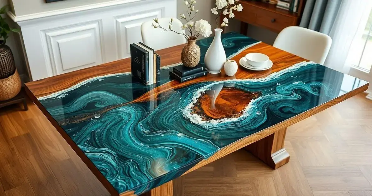 Arte e mesa de madeira com resina