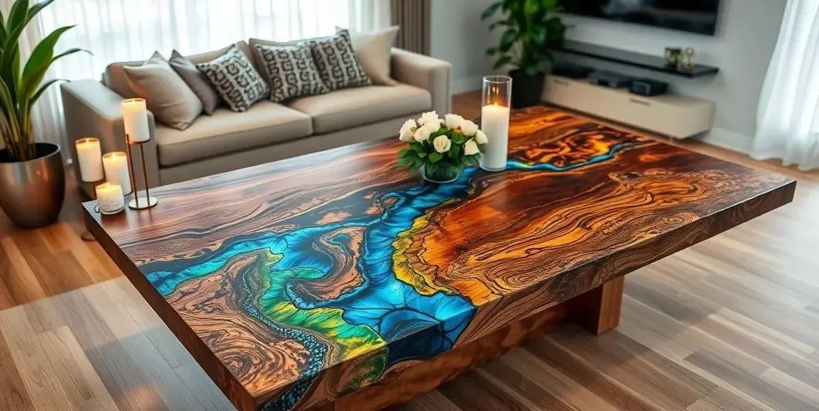 Arte e mesa de madeira com resina