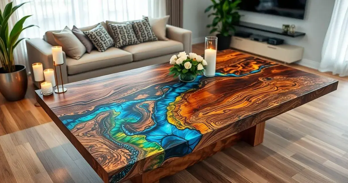 Arte e mesa de madeira com resina