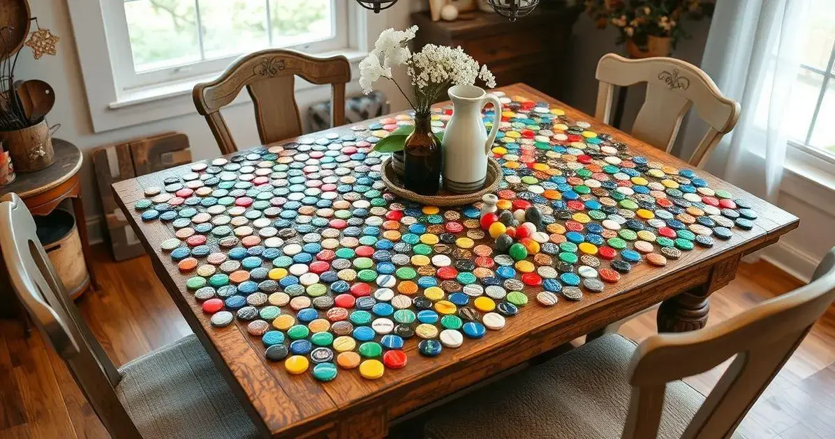 Artesanato de tampinhas em mesa sem resina Artesanato de tampinhas em mesa sem resina