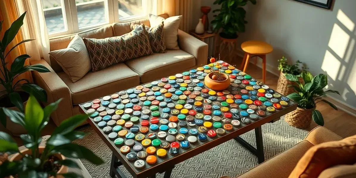 Artesanato de tampinhas em mesa sem resina