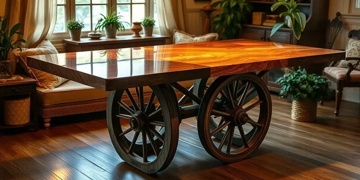 Mesa resinada roda de carroça