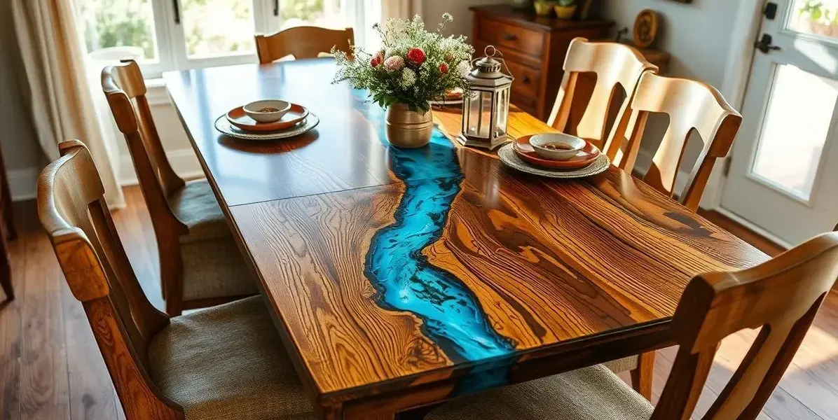 Mesas rusticas de madeira com resina