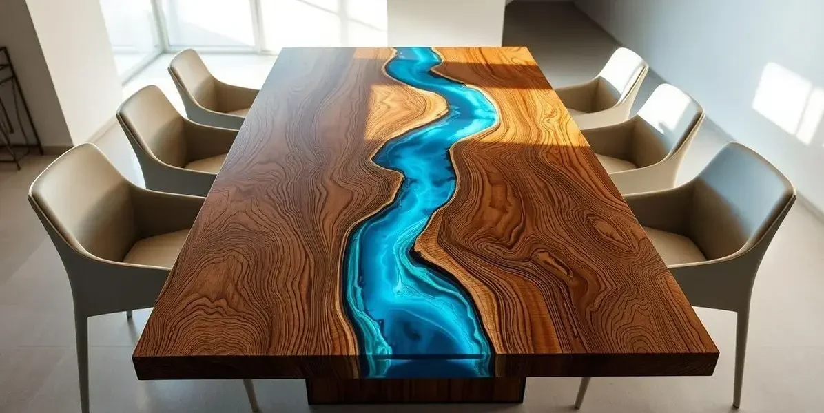 Tampo de mesa com madeira e resina