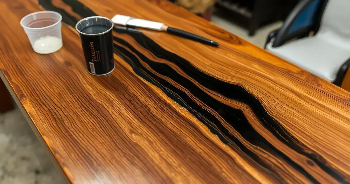 Como apricar resina preta e dorada na mesa de madeira Como apricar resina preta e dorada na mesa de madeira