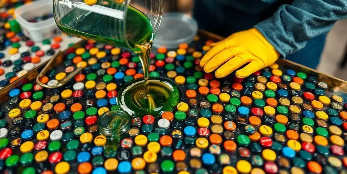 Como fabricar tampo de mesa resinado com tampinha de garrafa