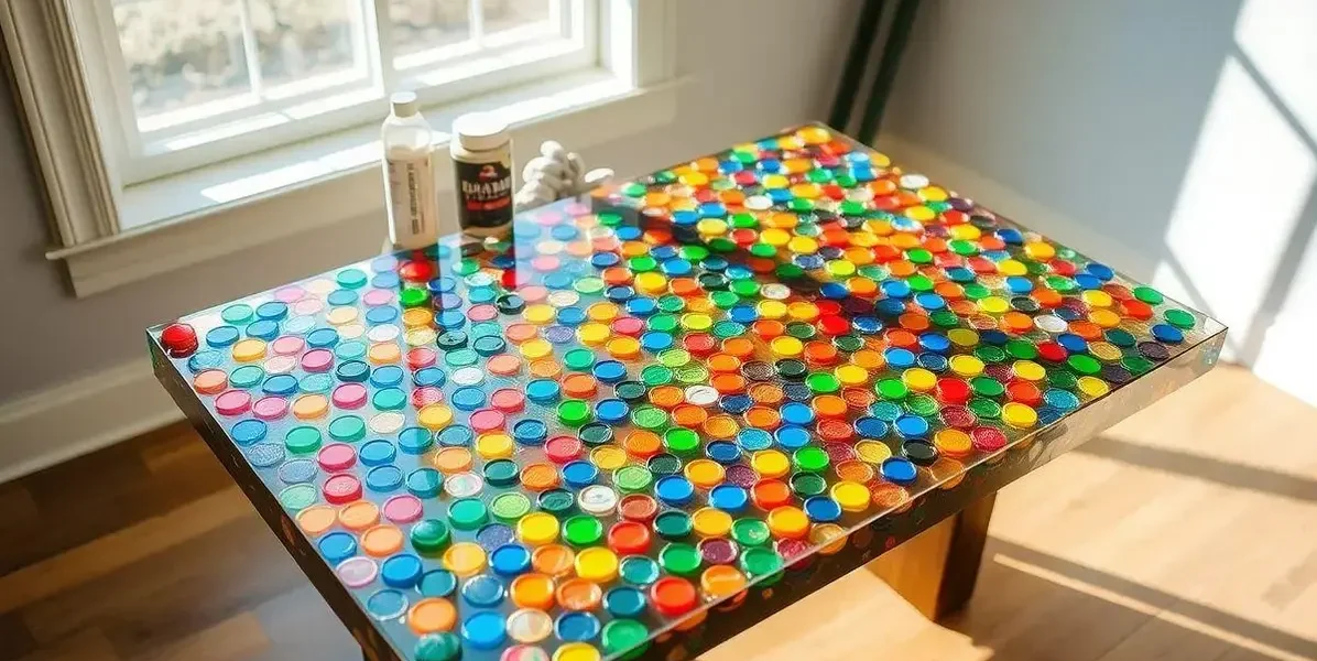 Como fazer mesa com tampinhas de garrafa e resina