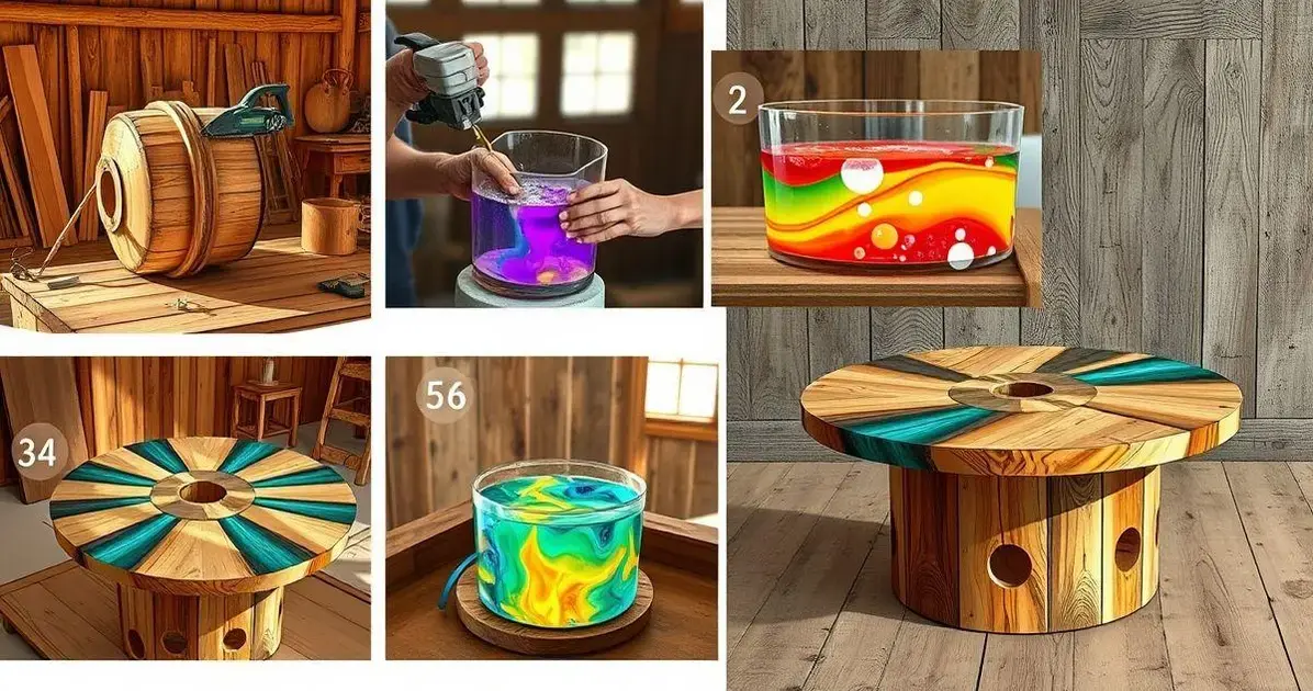 Como fazer mesa em madeira de carretel com resina