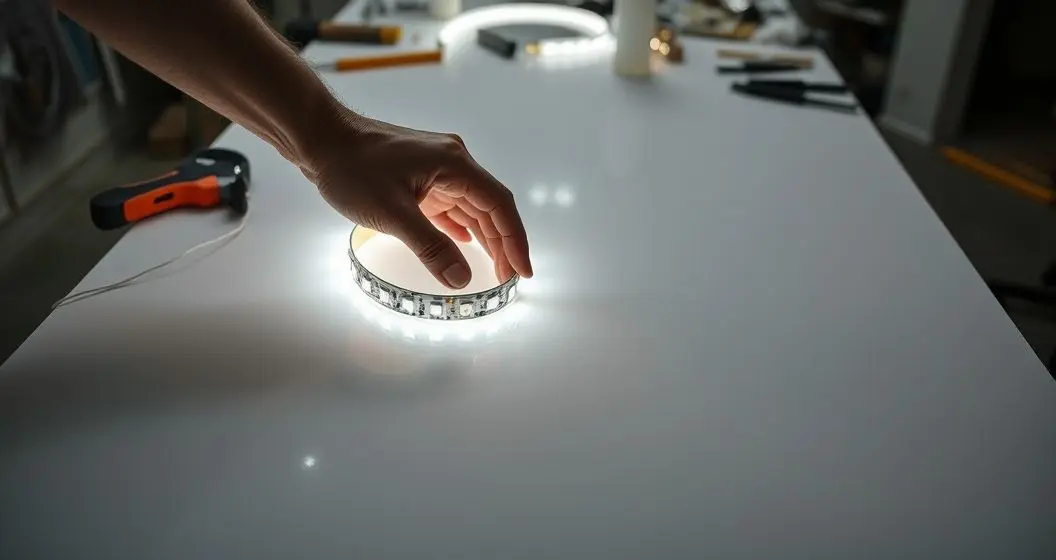 Como por fita de lede na mesa de resina