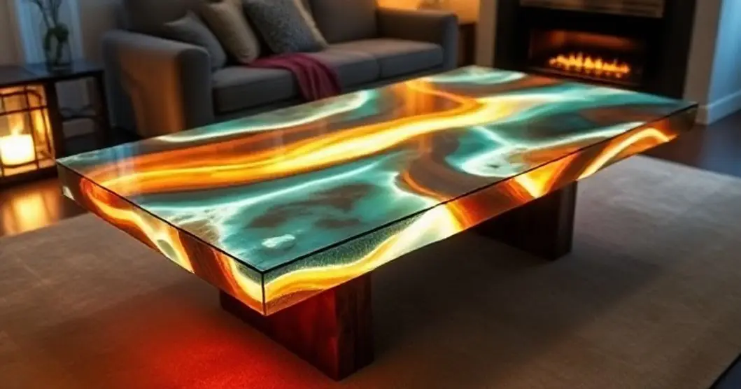 Como por fita de lede na mesa de resina