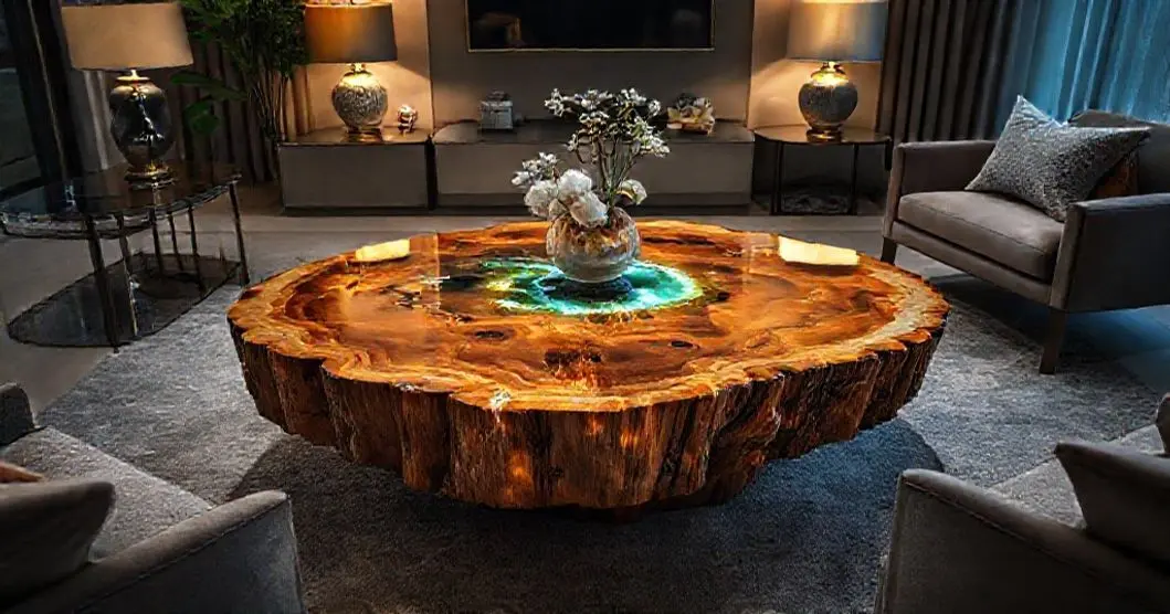 Cortes de jaqueira com resina para mesa de centro