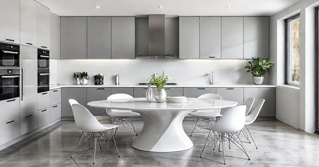 Cozinha cinza com mesa de resina branca