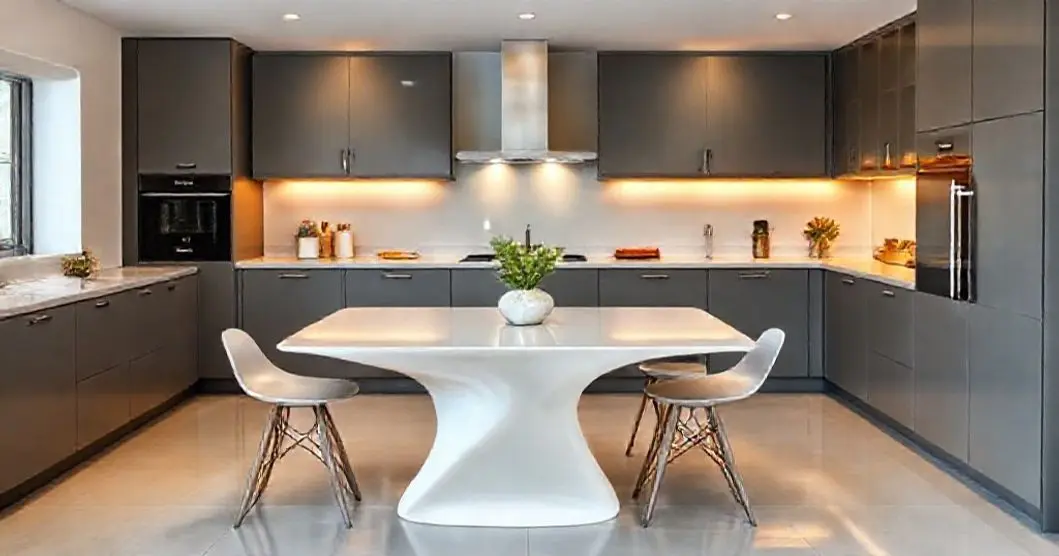 Cozinha cinza com mesa de resina branca