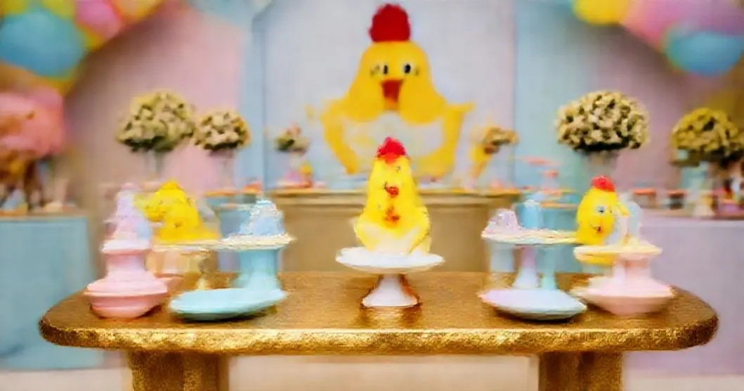 Decor de festa galinha pintadinha com mesas de resina dourada
