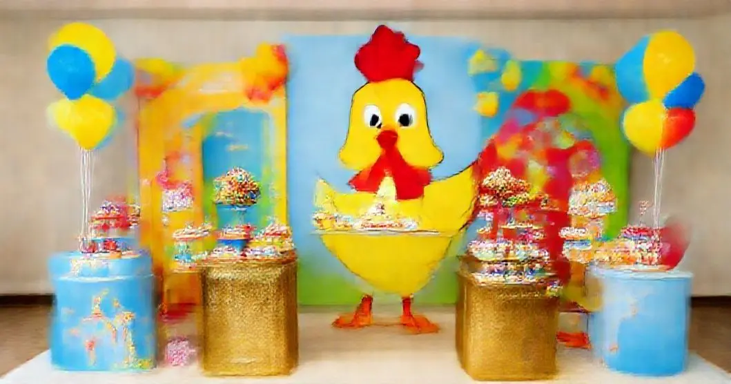 decor de festa galinha pintadinha com mesas de resina dourada