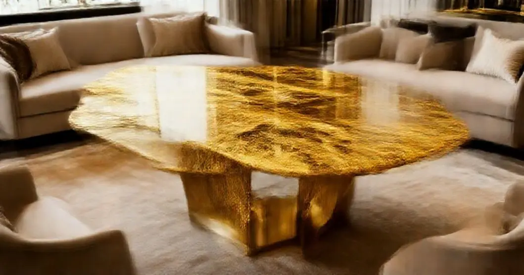 decoracao com mesas de fibra e resina dourada