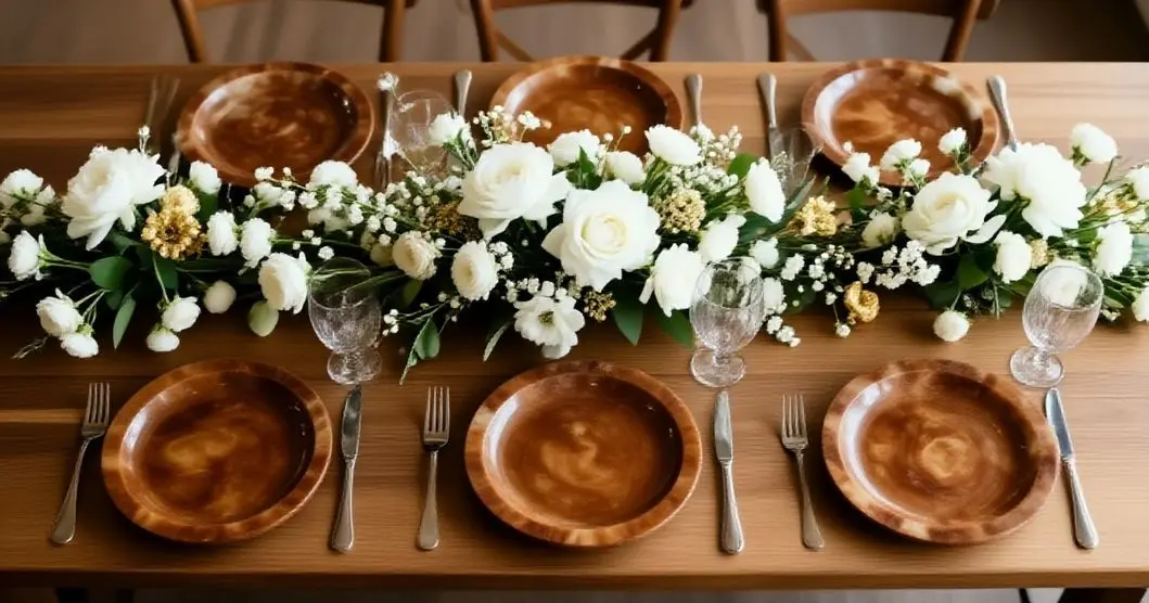 Decoracao de mesa de casamento com pecas de resina marrom